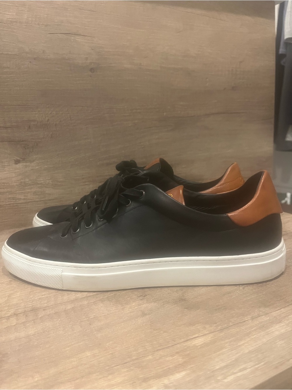 Men's Black Leather Low-Top Sneakers with Tan Heel Collar
